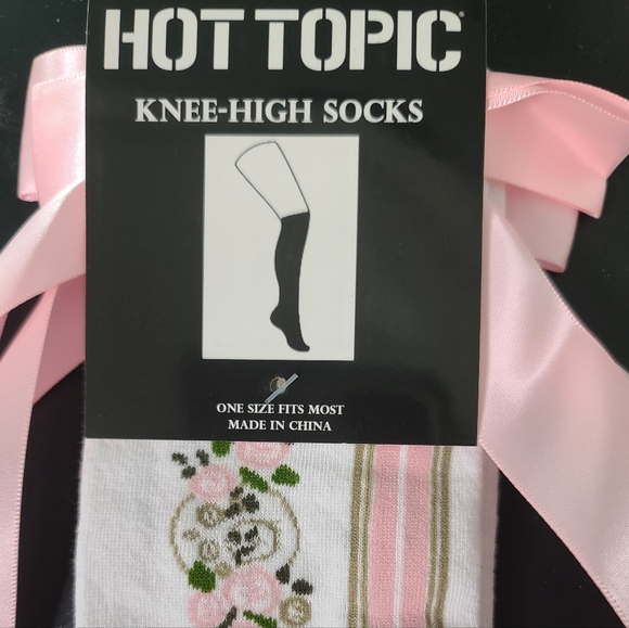 Hot Topic Pink and White Floral Knee-high Socks With Pink Ribbon Bow O/S - Picture 4 of 4